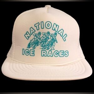 National Ice Races White Trucker Hat with Teal Graphic